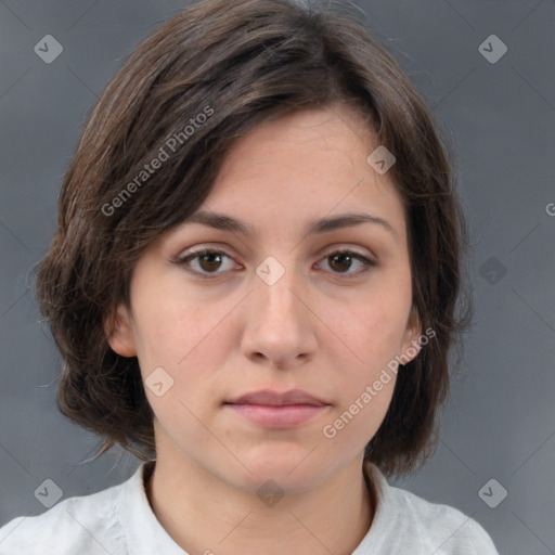 Neutral white young-adult female with medium  brown hair and brown eyes