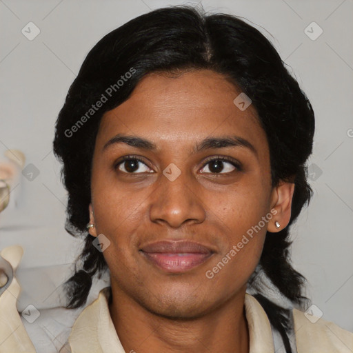 Joyful latino young-adult female with medium  black hair and brown eyes