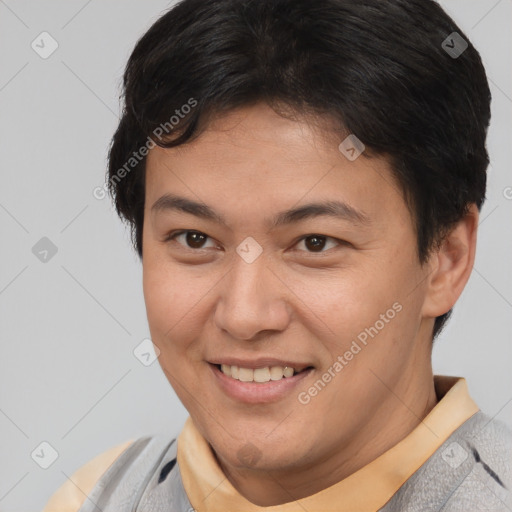 Joyful asian young-adult female with short  brown hair and brown eyes