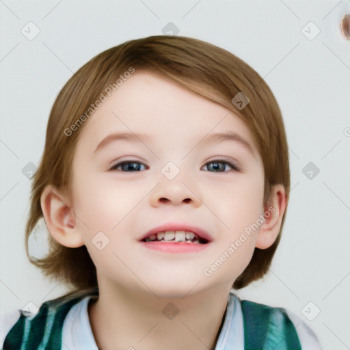 Joyful white child female with short  brown hair and grey eyes