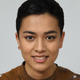 Joyful white young-adult female with short  black hair and brown eyes