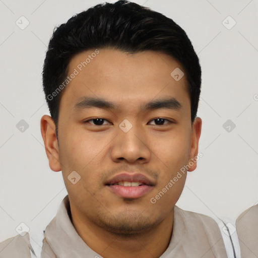 Neutral asian young-adult male with short  black hair and brown eyes