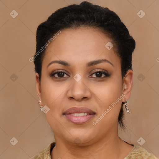 Joyful latino young-adult female with long  brown hair and brown eyes