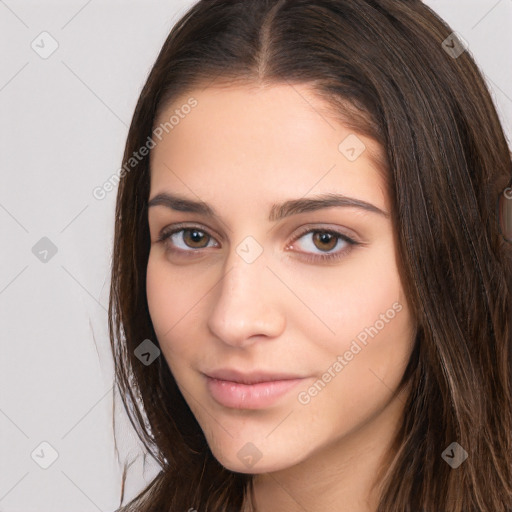 Neutral white young-adult female with long  brown hair and brown eyes