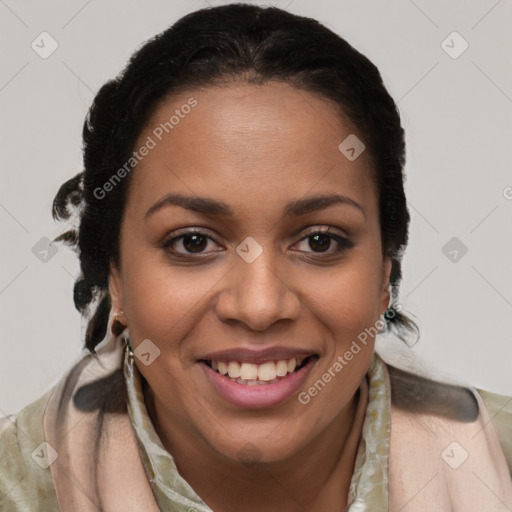 Joyful latino young-adult female with long  brown hair and brown eyes