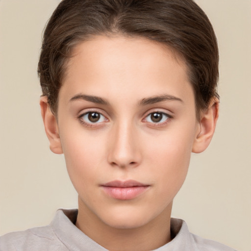 Neutral white young-adult female with short  brown hair and brown eyes