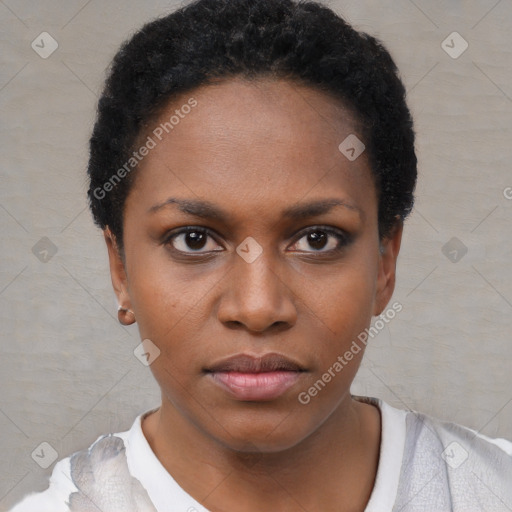 Neutral black young-adult female with short  black hair and brown eyes