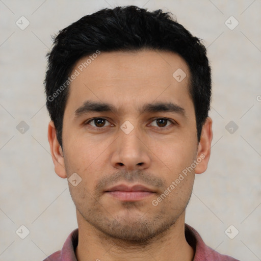 Neutral asian young-adult male with short  black hair and brown eyes