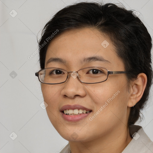 Joyful asian young-adult female with short  brown hair and brown eyes