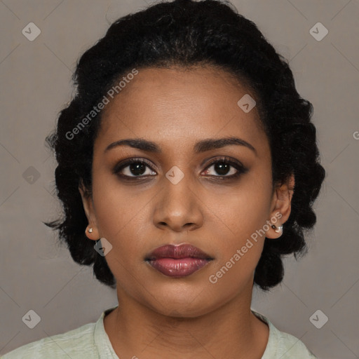 Neutral black young-adult female with medium  black hair and brown eyes