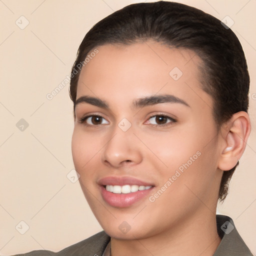 Joyful white young-adult female with short  brown hair and brown eyes