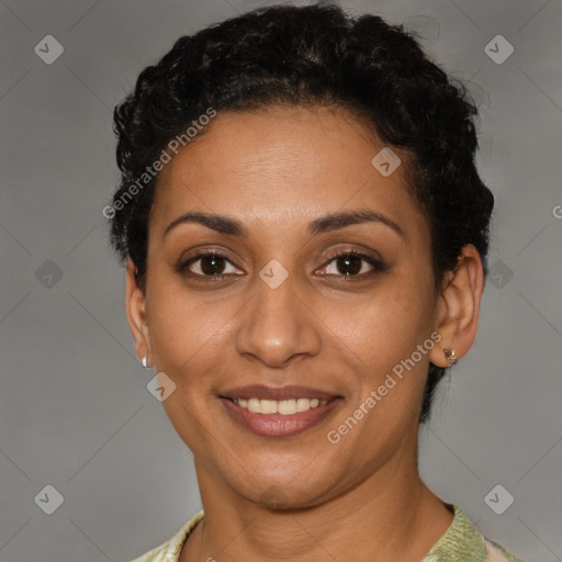 Joyful latino young-adult female with short  brown hair and brown eyes