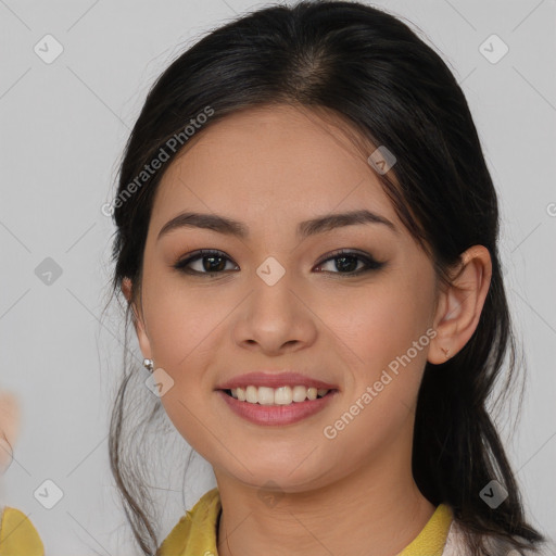 Joyful latino young-adult female with medium  brown hair and brown eyes