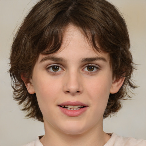 Joyful white young-adult female with medium  brown hair and green eyes