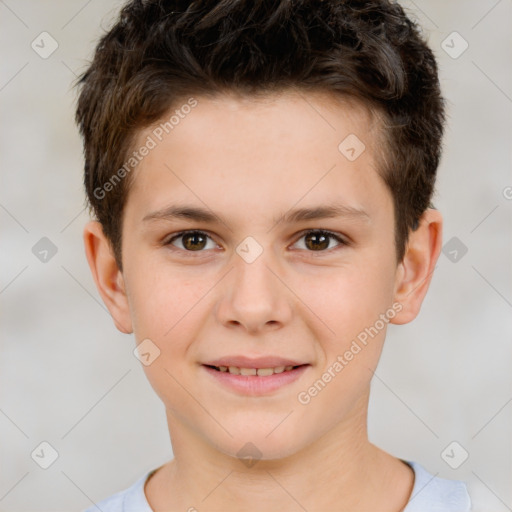 Joyful white child male with short  brown hair and brown eyes