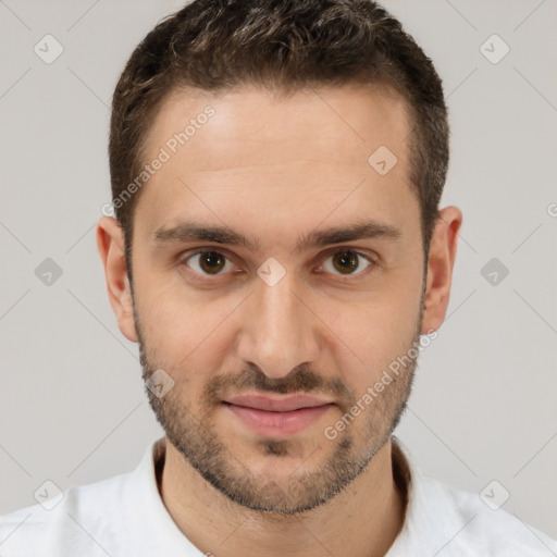 Joyful white young-adult male with short  brown hair and brown eyes