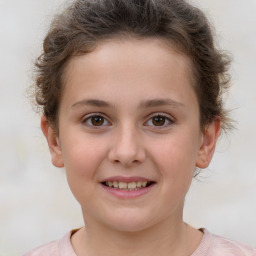 Joyful white child female with short  brown hair and brown eyes