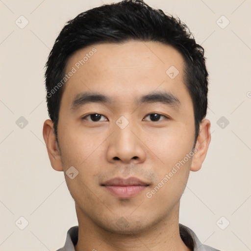 Neutral asian young-adult male with short  black hair and brown eyes