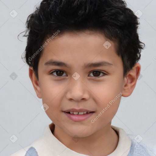 Joyful white child male with short  brown hair and brown eyes