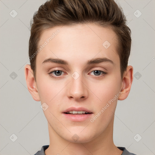 Neutral white young-adult male with short  brown hair and brown eyes