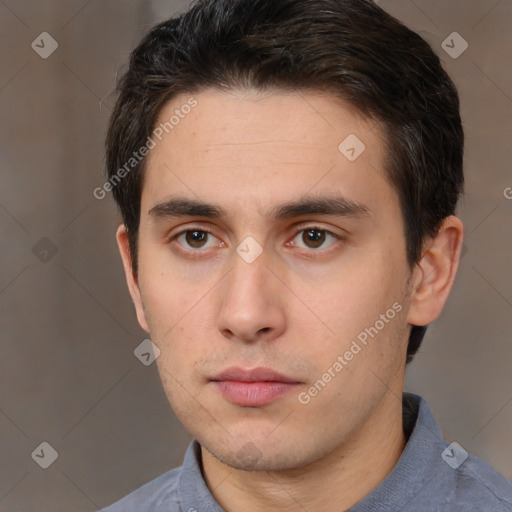 Neutral white young-adult male with short  brown hair and brown eyes