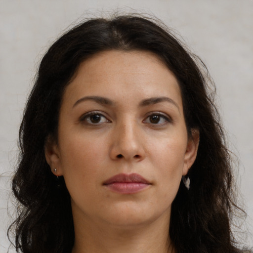 Neutral asian young-adult female with long  brown hair and brown eyes