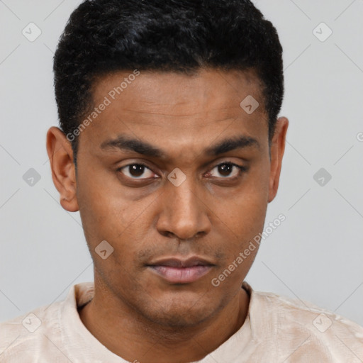 Neutral latino young-adult male with short  black hair and brown eyes
