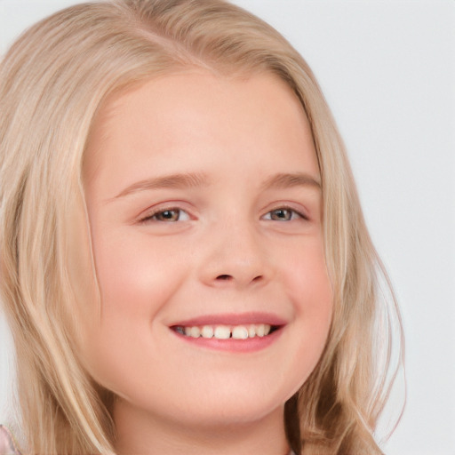 Joyful white child female with medium  blond hair and blue eyes