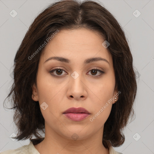 Neutral white young-adult female with medium  brown hair and brown eyes