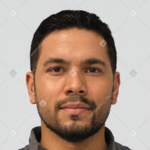 Neutral latino young-adult male with short  black hair and brown eyes