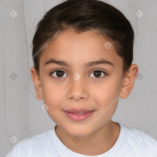 Joyful white child female with medium  brown hair and brown eyes
