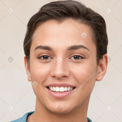 Joyful white young-adult female with short  brown hair and brown eyes