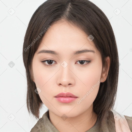 Neutral asian young-adult female with medium  brown hair and brown eyes