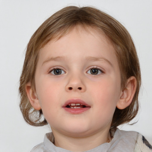 Neutral white child female with medium  brown hair and blue eyes