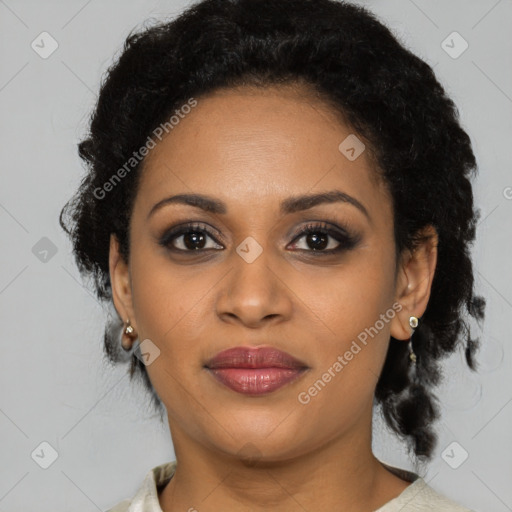 Joyful black young-adult female with medium  brown hair and brown eyes