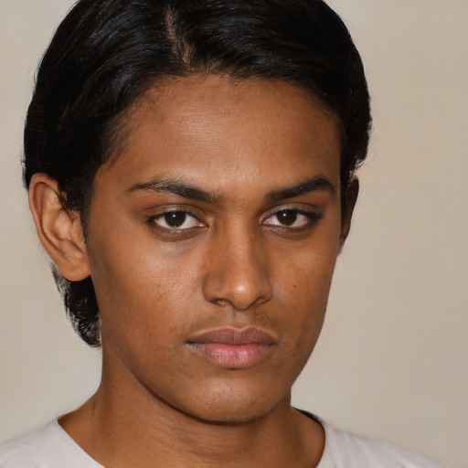 Neutral latino young-adult female with short  brown hair and brown eyes