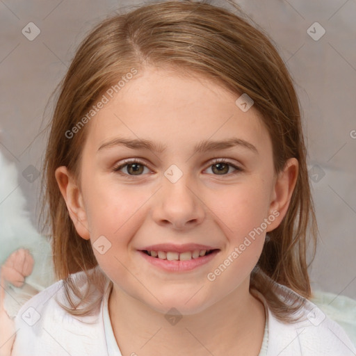 Joyful white child female with medium  brown hair and brown eyes