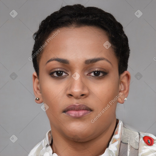 Neutral black young-adult female with short  brown hair and brown eyes