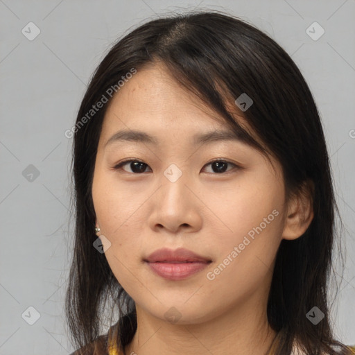 Neutral asian young-adult female with medium  brown hair and brown eyes