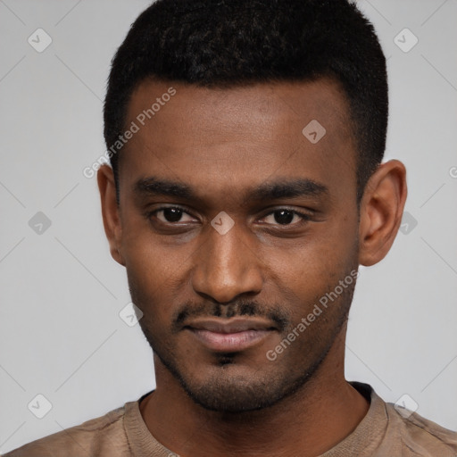 Neutral latino young-adult male with short  black hair and brown eyes