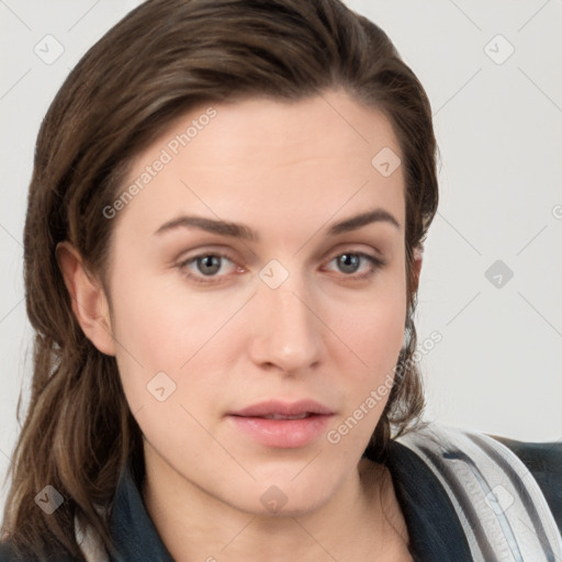 Neutral white young-adult female with medium  brown hair and grey eyes