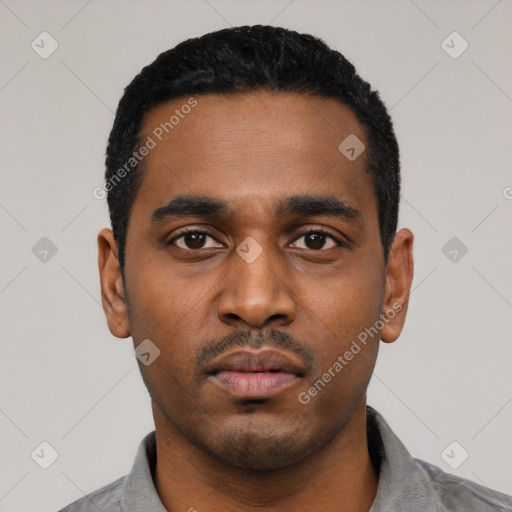 Neutral latino young-adult male with short  black hair and brown eyes