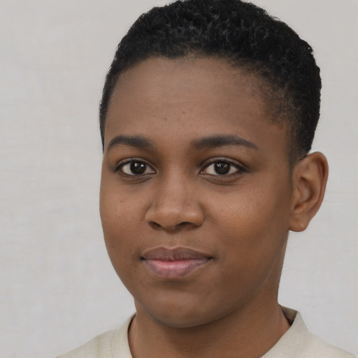 Neutral black young-adult female with short  black hair and brown eyes