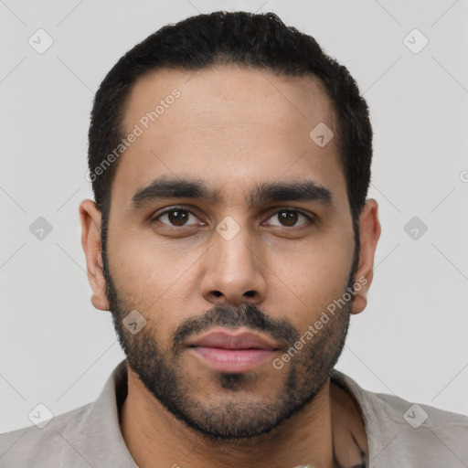 Neutral latino young-adult male with short  black hair and brown eyes