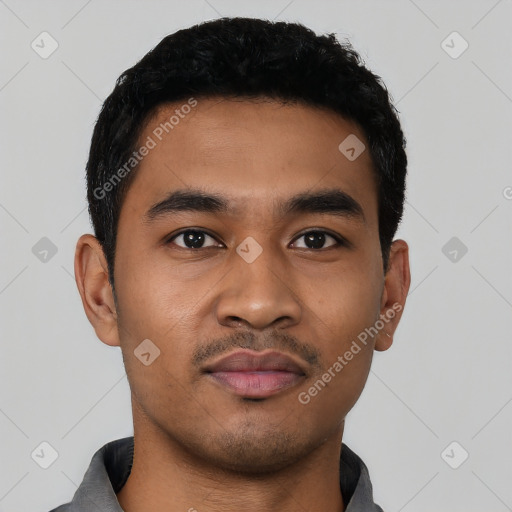 Neutral latino young-adult male with short  black hair and brown eyes