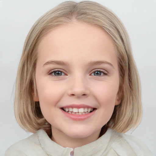 Joyful white child female with medium  brown hair and blue eyes