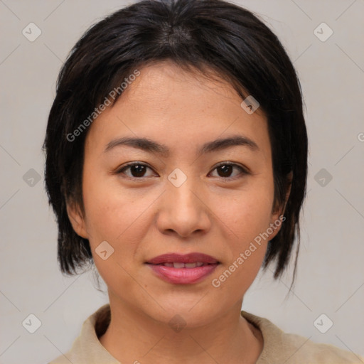 Joyful asian young-adult female with medium  brown hair and brown eyes