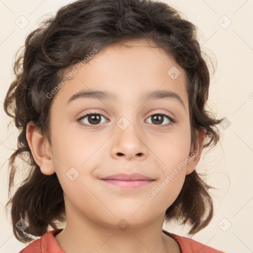 Joyful white child female with medium  brown hair and brown eyes