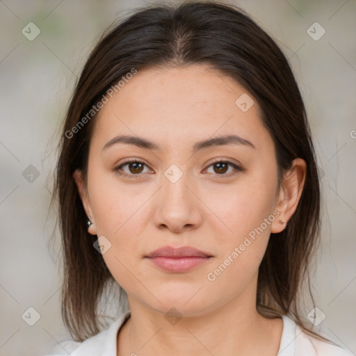 Neutral white young-adult female with medium  brown hair and brown eyes