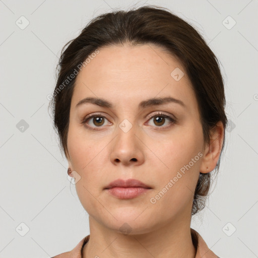 Neutral white young-adult female with medium  brown hair and brown eyes